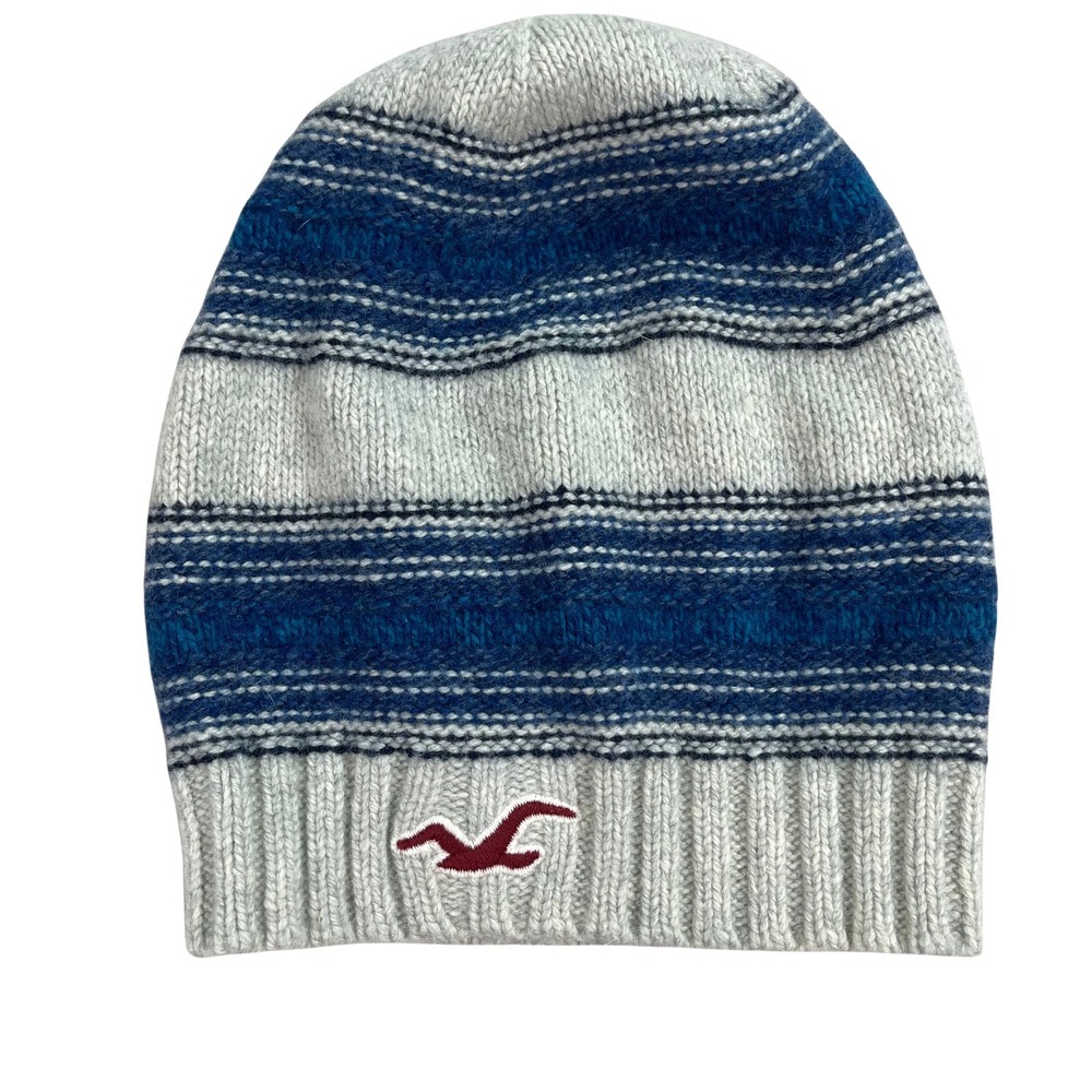 Hollister Y2k Vintage Beanie Grey Blue Striped Wool Blend